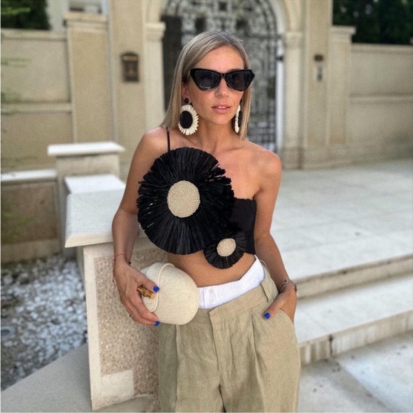 🦋 Bloggers Favorite 🦋 NWT ZARA LINEN BLEND RAFFIA FLOWER TOP SIZE M - Picture 3 of 17